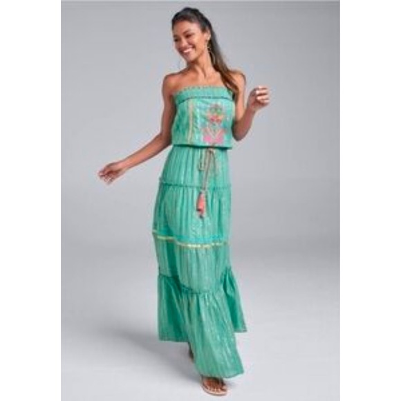 VENUS Dresses & Skirts - Venus Teal Gold Metallic Chevron Embroidered Strapless Tiered Maxi Dress 2X